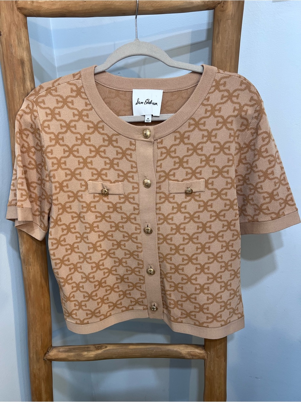 Sam Edelman Monogram Knit Cardigan Top Size M Tan